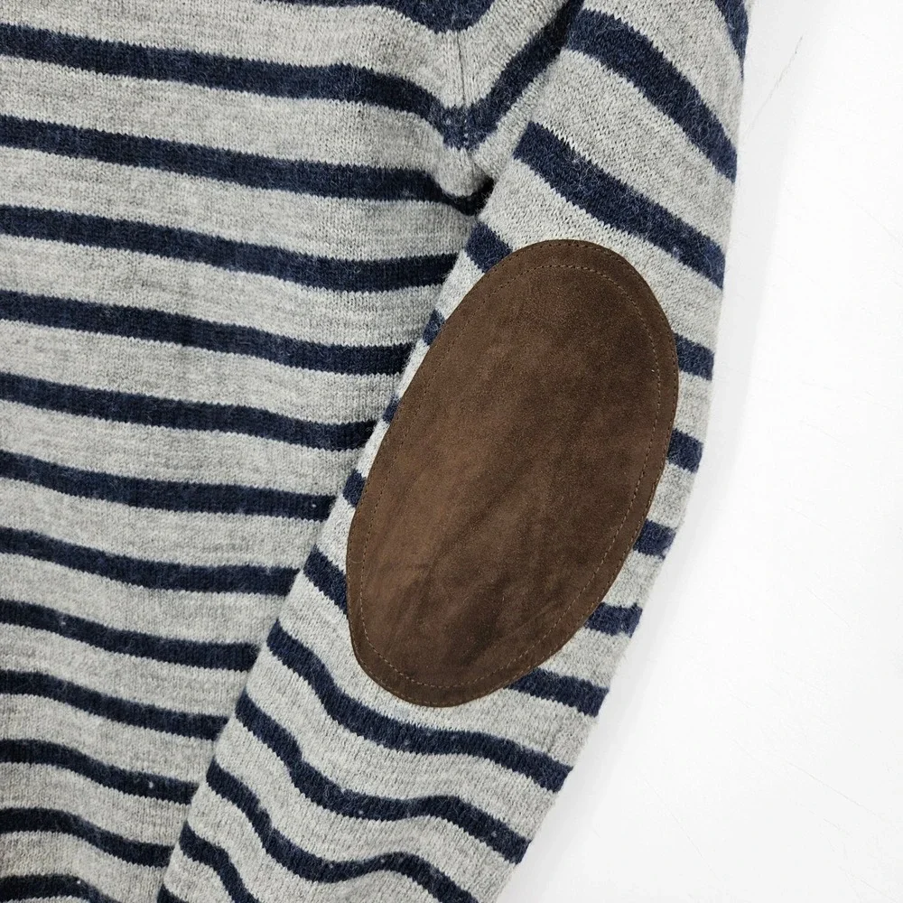 J‎ Crew Sweater Mens XL Merino Wool Gray Striped Elbow Patch Casual Preppy